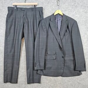 Statement Italy Gray Geometric Windowpane‎ 2-Pc Super 200s Wool 44L 39x30 FLAW
